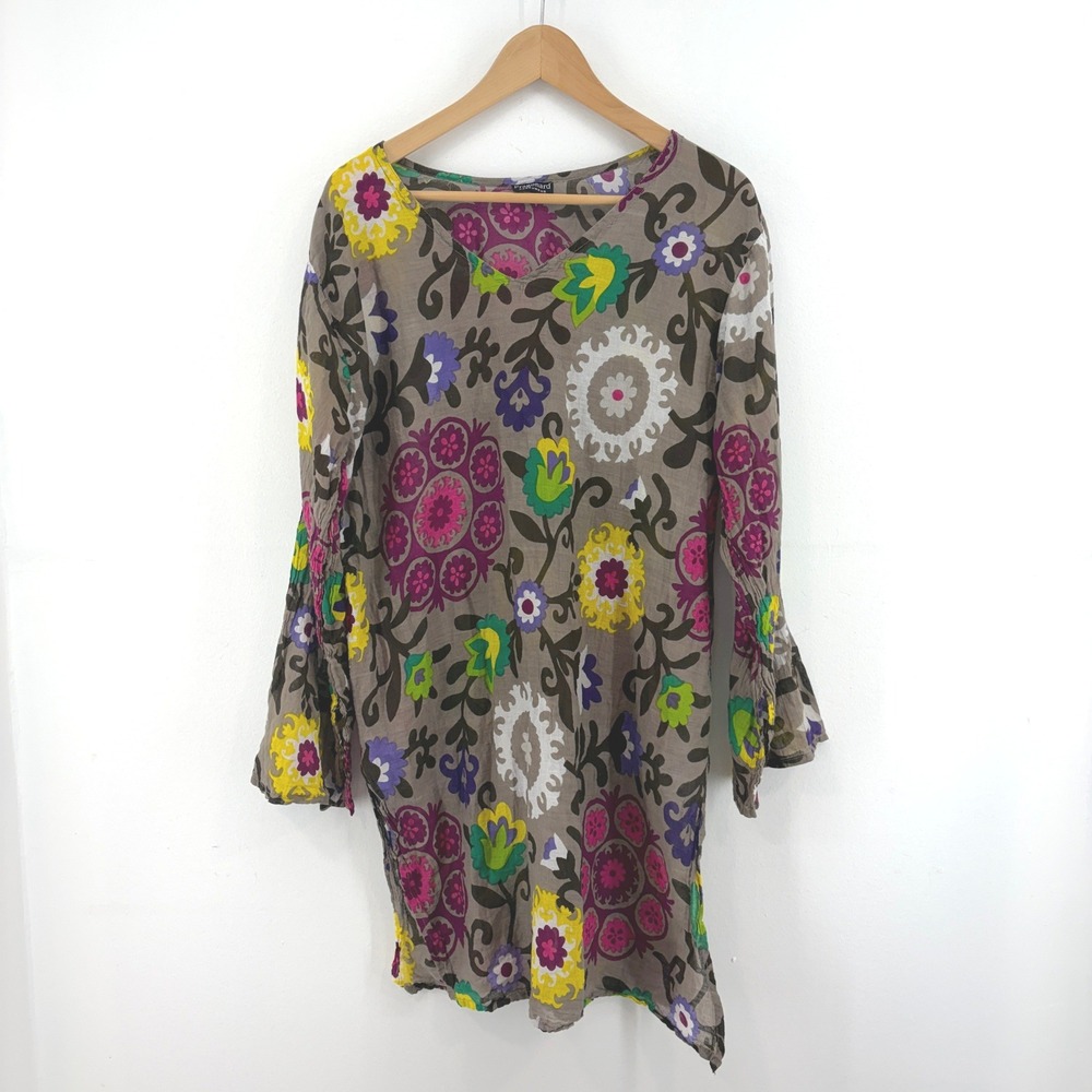 Fragonard Parfumeur Floral Cotton Gauze Tunic Top Cover Up Long Sleeve Boho S/M